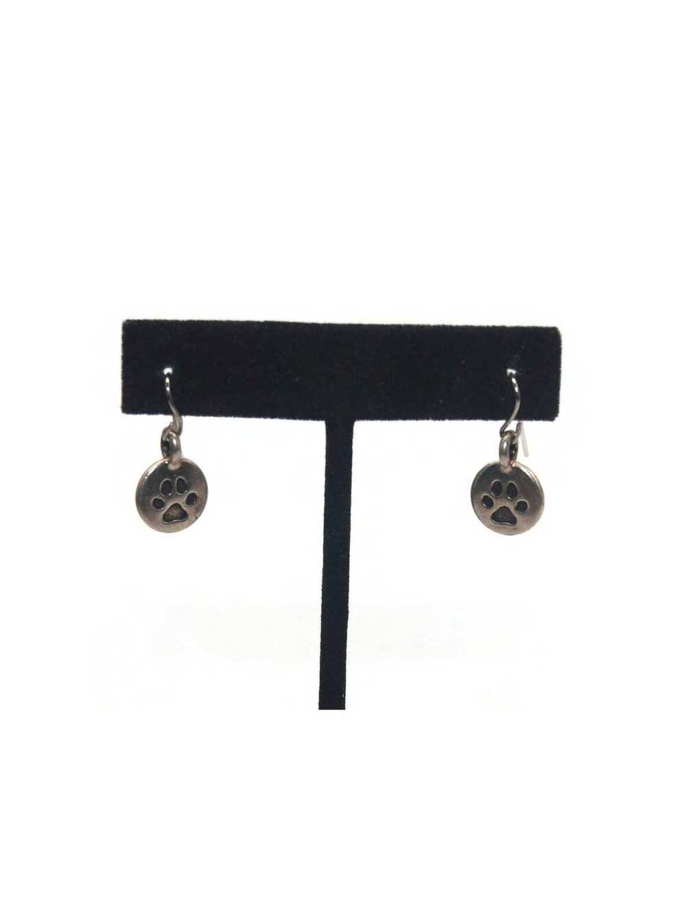 Vintage Silver Tone and Black Enamel Small Paw Print Round Dangle Earrings.